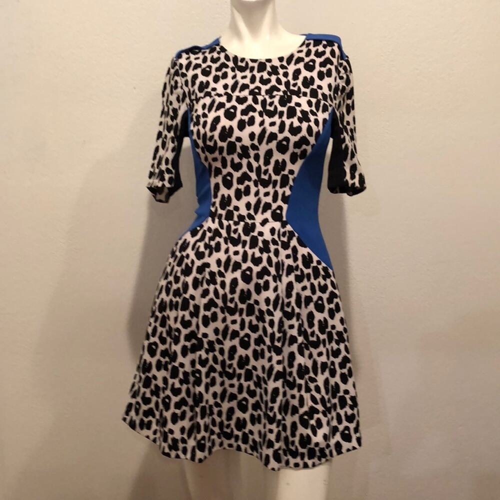 Three Floor Blue Black White Fit & Flare Dress Size UK 6, US 2